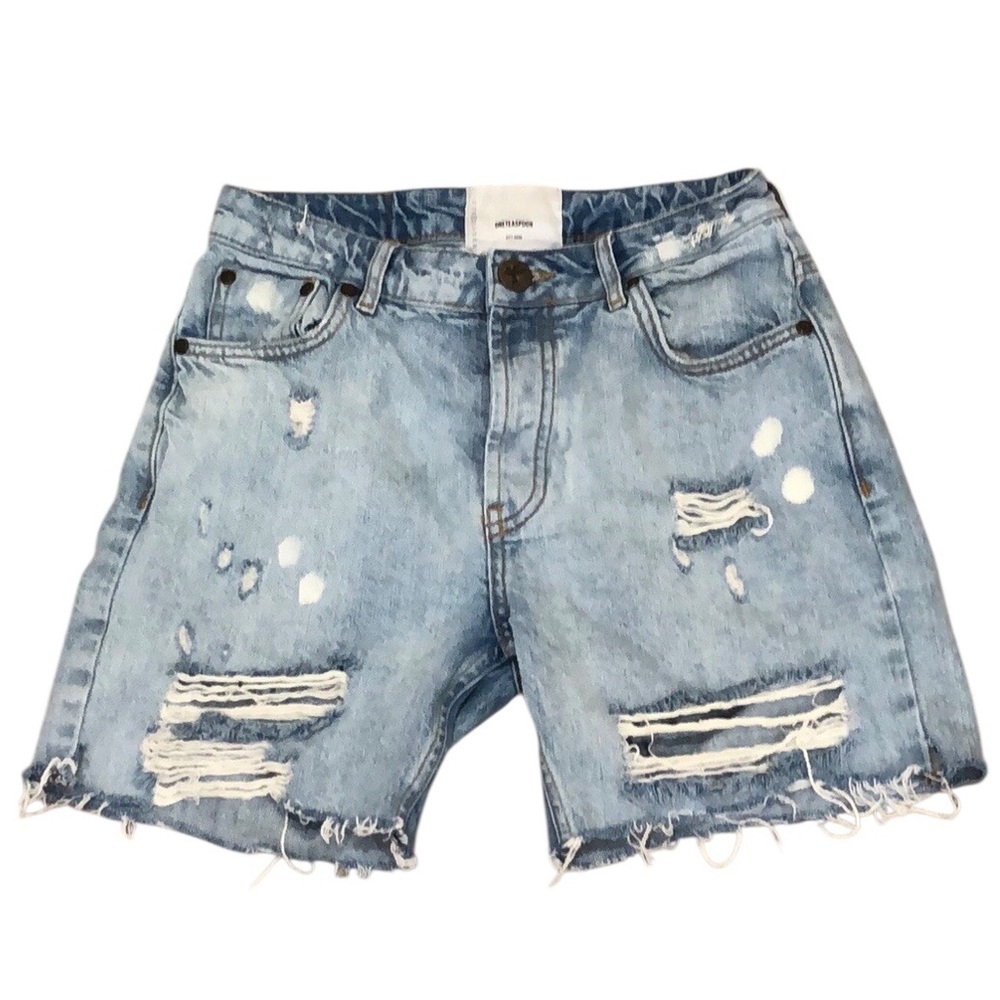 One Teaspoon Long Biker Jean Shorts Size 25 Light Blue Distressed Denim